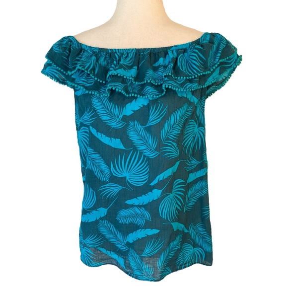 Boden Hettie Double Ruffle Pompom Top in Woodland Green Jungle Palm - 10 - Picture 3 of 15